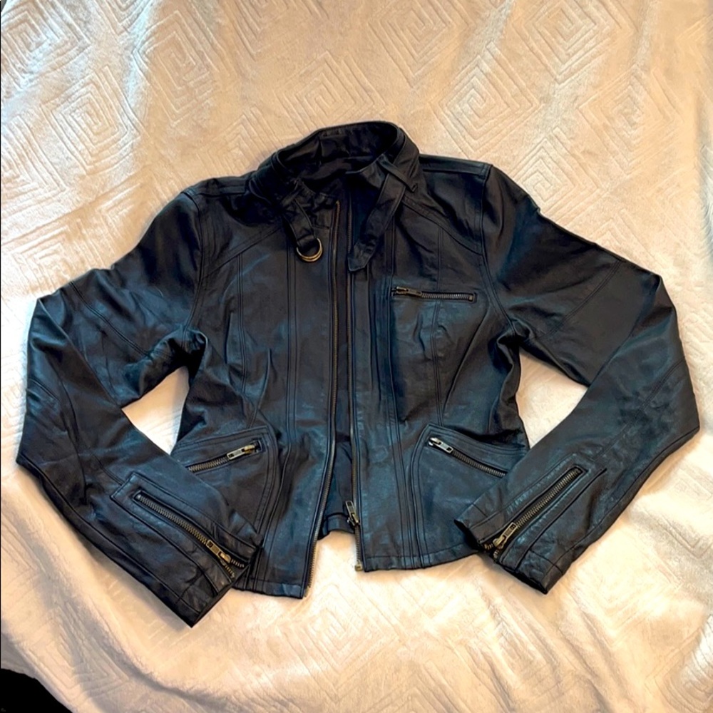 Black leather moto jacket.